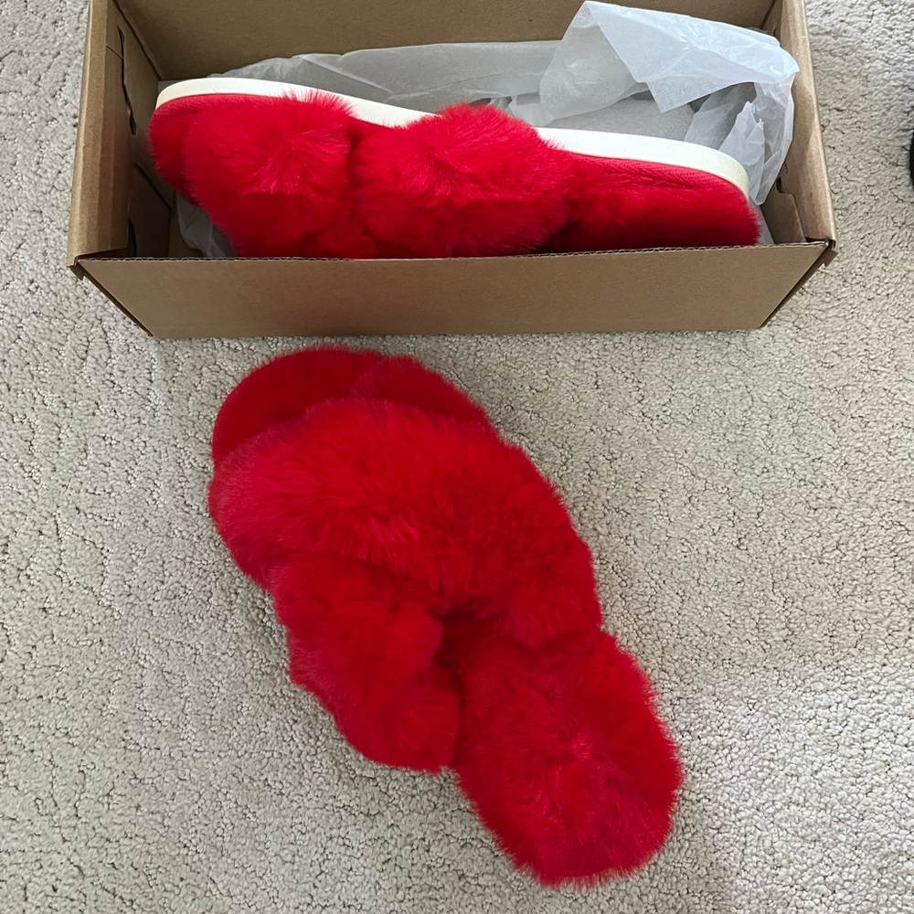 Red fluffy fleece slippers